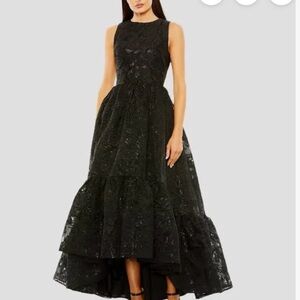 Mac Duggal Sleeveless Black Brocade High-Low Evening Dress